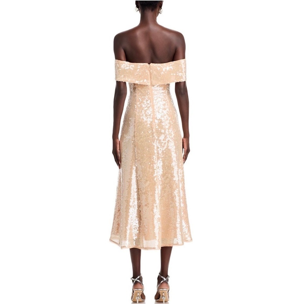Self-Portrait Gold Sequin Off-the-Shoulder Midi Dress Diamante Brooch Size 10 - Picture 3 of 8